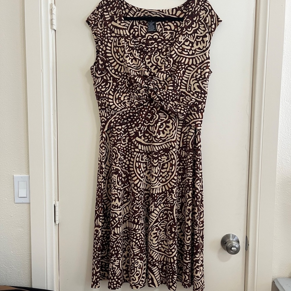 Jones New York Dress 16 Brown Paisley Sleeveless Twist Front Midi Stretch Preppy